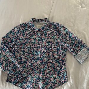 Girls UV fishing/casual shirt with roll up sleeves - Blue/Pink with pineapples
